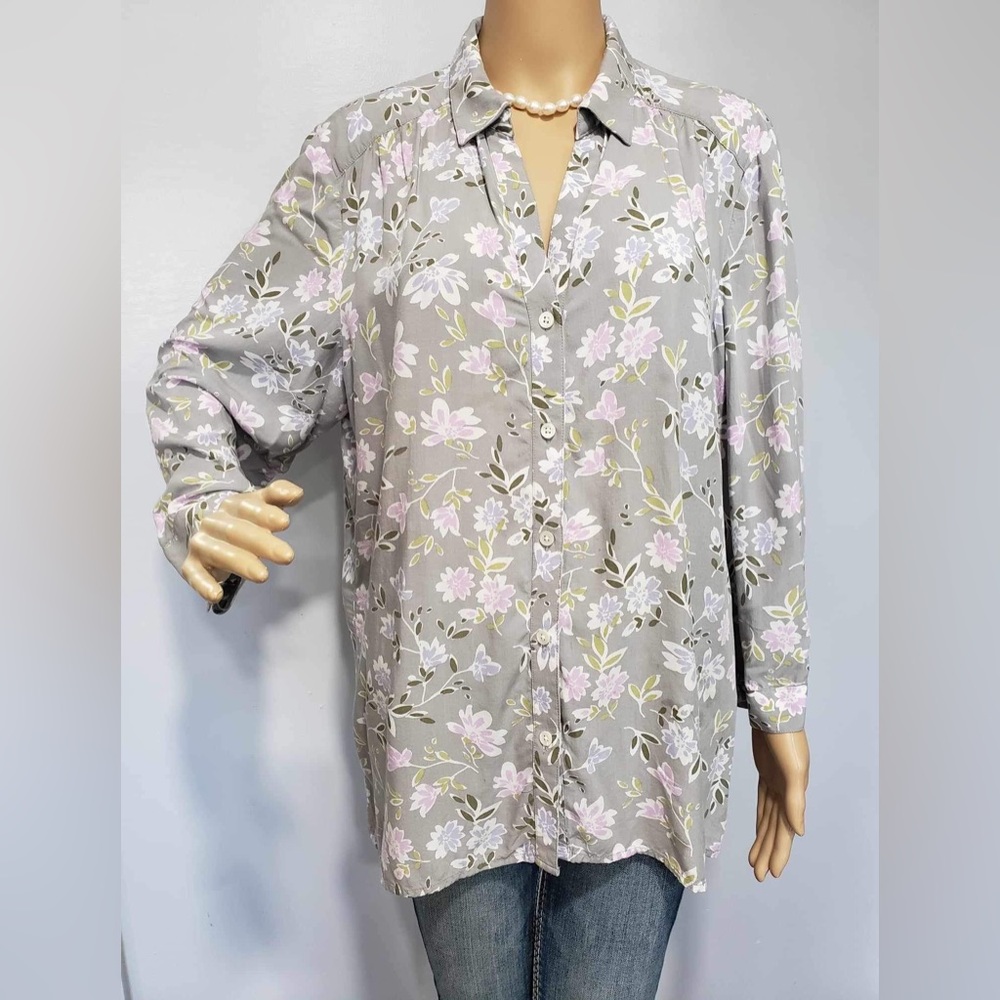 J JILL WOMEN BUTTON DOWN SIZE L SHIRT GRAY  PINK FLORAL PATTERN LONG SLEEVE